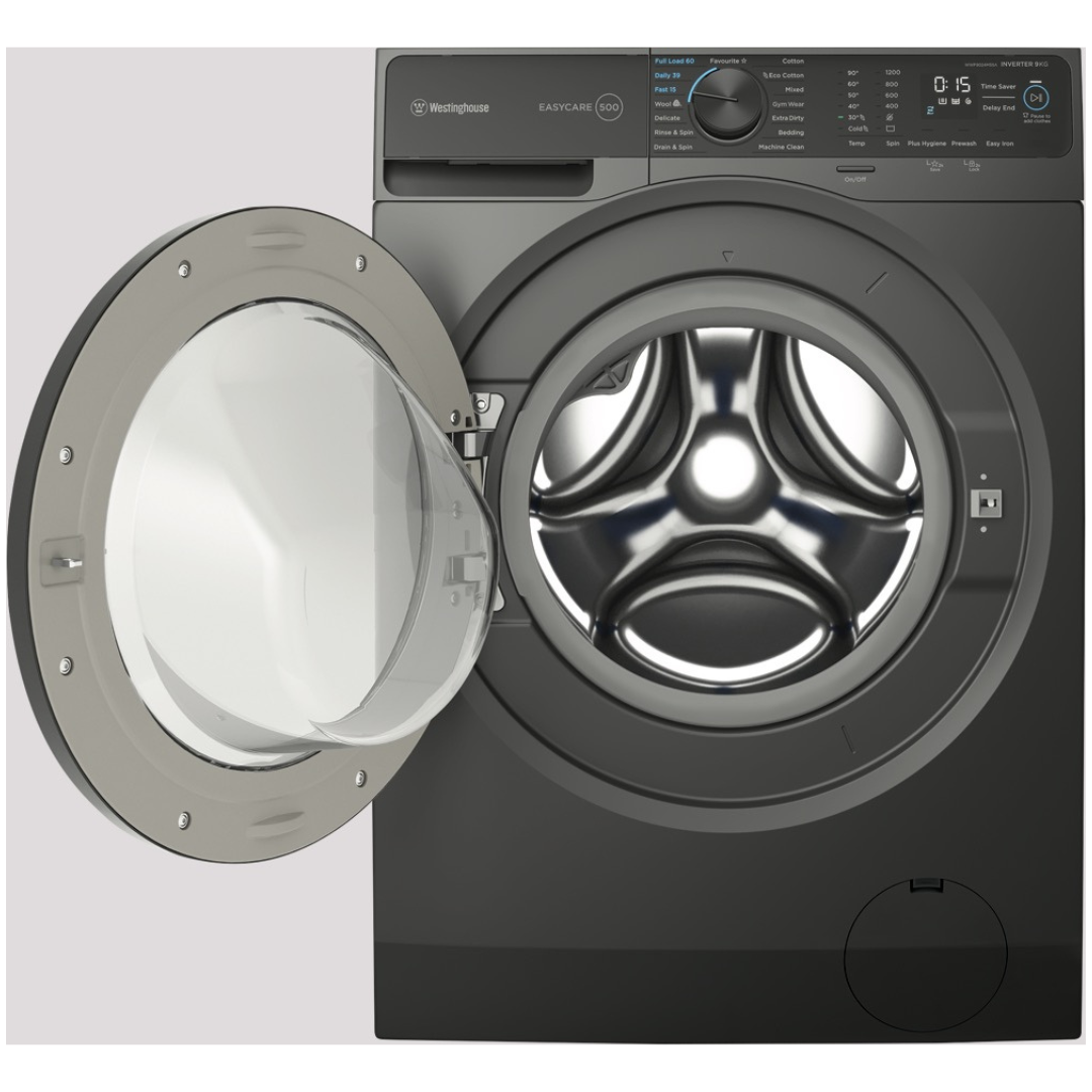 Front view of the Westinghouse 9kg front load washing machine in a metallic grey finish with the door open, showing the stainless steel drum and the control panel displaying various wash settings.