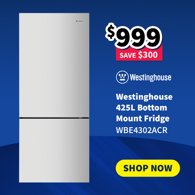 Westinghouse refrigerator with promotional text on sale now $999 - Save $300 on a blue background
