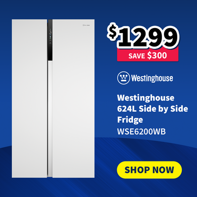 Westinghouse side-by-side fridge with price and promotional text on sale now $1299 - Save $300 on a blue background