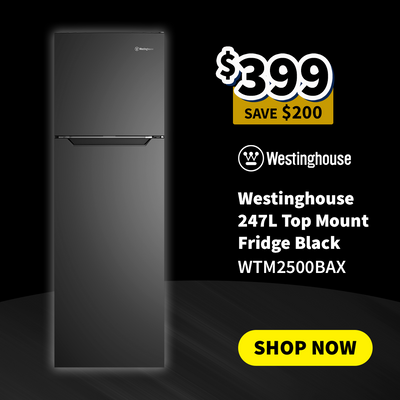 Westinghouse refrigerator with promotional text on sale now $399 save $200 on a black background