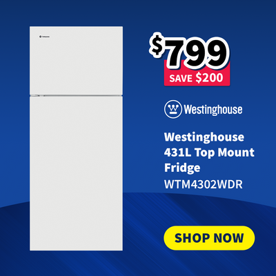 Westinghouse refrigerator with promotional text, now on sale $799 - Save $200, on a blue background