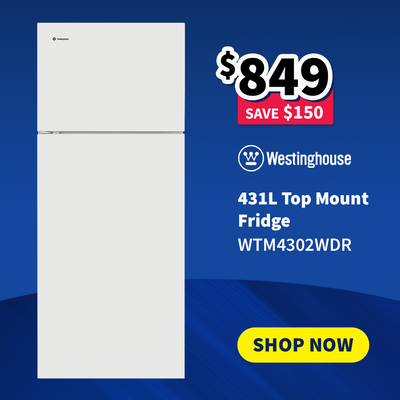 Westinghouse 431L Top Mount Fridge with price and 'Shop Now' button on a blue background - on sale now $849 - Save $150
