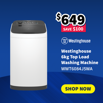 Westinghouse 6kg top load washing machine with promotional text on a blue background - on sale now $649 - Save $100