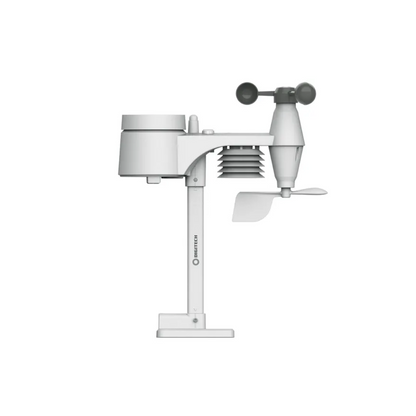 Digitech outdoor wireless weather sensor unit with rain gauge, wind vane, anemometer, and temperature-humidity sensor for accurate local climate data collection.