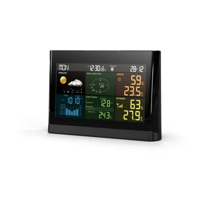 Digitech LCD colour display console showing indoor and outdoor temperature, humidity, wind speed, direction and time for home weather monitoring.