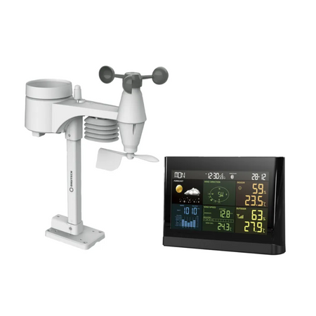 Digitech wireless weather station with digital LCD display and outdoor sensor unit for measuring temperature, humidity, wind speed, direction, and rainfall in real time.