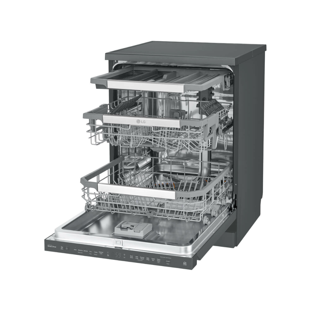 LG Freestanding dishwasher in Matte Black pictured at an angle with the door open and all the baskets open showcasing it's true capacity