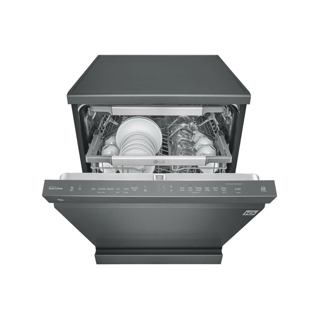 LG Freestanding dishwasher in Matte Black with the door half open and the top basket on display at capacity