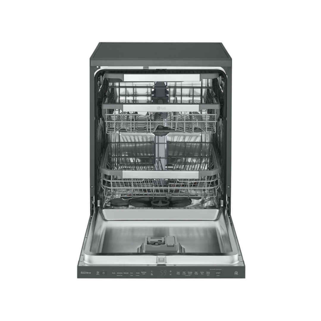 LG Freestanding dishwasher in Matte Black with the door open showing it's controls as well as it's capacity 