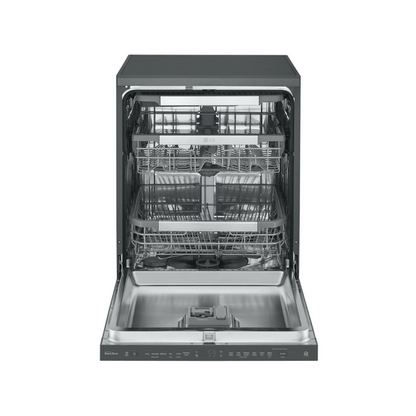 LG Freestanding dishwasher in Matte Black with the door open showing it's controls as well as it's capacity 