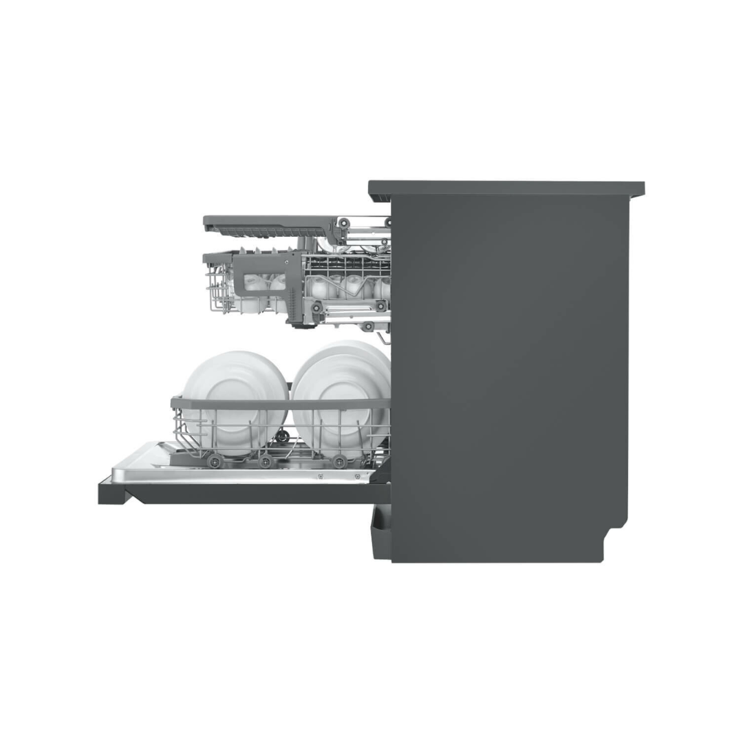 LG Freestanding dishwasher in Matte Black pictured from a side view with all its baskets open and filled to capacity