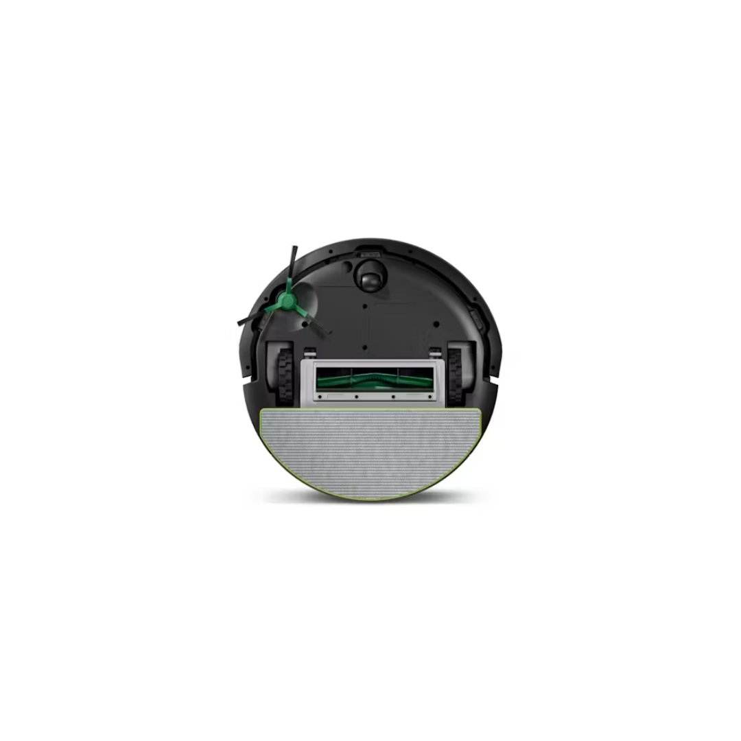 Bottom view of the iRobot Roomba 105 Combo, showing the microfiber mop pad, edge sweeping brush and multi-surface bristle brush. 