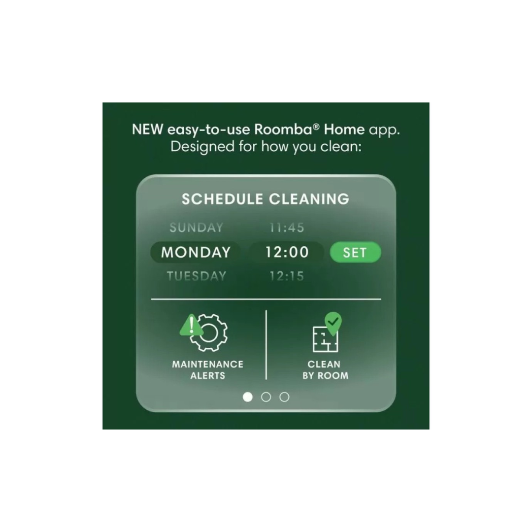 iRobot Roomba 105 Combo showing its easy to use home app, featuring a cleaning schedule, maintenance alerts and option to clean by room. 