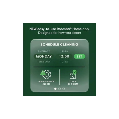 iRobot Roomba 105 Combo showing its easy to use home app, featuring a cleaning schedule, maintenance alerts and option to clean by room. 