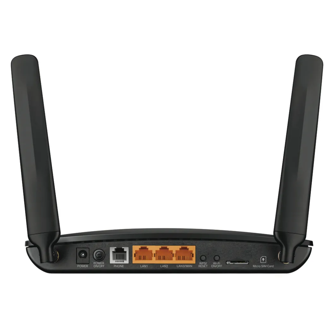 Close-up rear view of TP-Link 4G LTE router with dual antennas, micro sim card slot LAN/WAN ports, phone port, power input, and control buttons for easy wired and wireless connectivity.