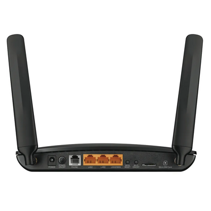 Close-up rear view of TP-Link 4G LTE router with dual antennas, micro sim card slot LAN/WAN ports, phone port, power input, and control buttons for easy wired and wireless connectivity.
