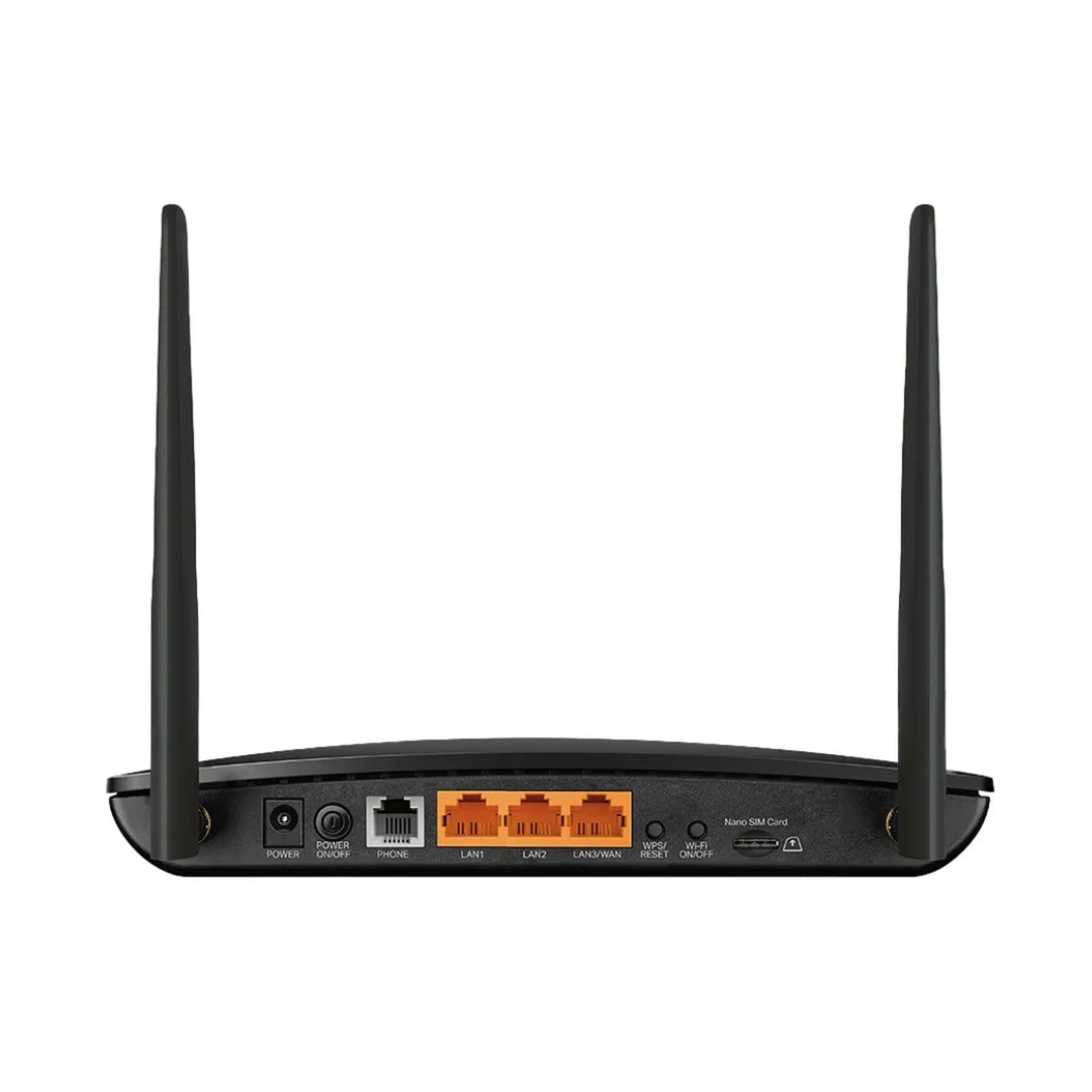 Rear view of the TP-Link 4G LTE Wi-Fi router showing dual antennas, LAN/WAN ports, SIM card slot, power input, phone port, and reset buttons for versatile wired and wireless connectivity.