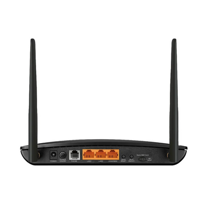 Rear view of the TP-Link 4G LTE Wi-Fi router showing dual antennas, LAN/WAN ports, SIM card slot, power input, phone port, and reset buttons for versatile wired and wireless connectivity.