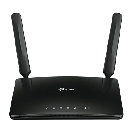 TP-Link 4G LTE Wi-Fi router with dual detachable antennas and LED indicators, offering reliable wireless internet connectivity and sleek black design for home or office use. 