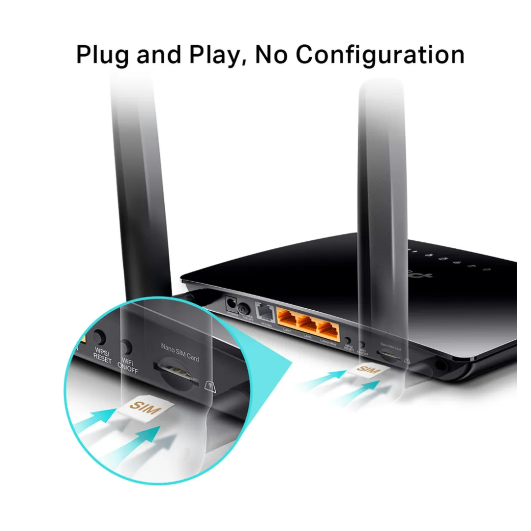 TP-Link 4G LTE Wi-Fi router with dual band antennas, SIM card slot, and Ethernet ports, shown with a zoomed-in view highlighting plug-and-play nano SIM card insertion for easy internet setup.