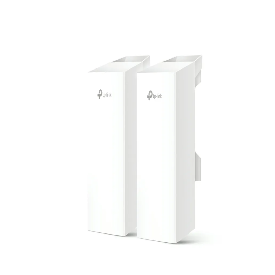 TP-Link outdoor wireless access point kit with two sleek white units, designed for long-range point-to-point Wi-Fi connectivity in exterior or remote network installations.