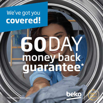 Promotional banner for Beko 60 Day money back guarantee - Image of lady placing something into a Beko Dryer. 